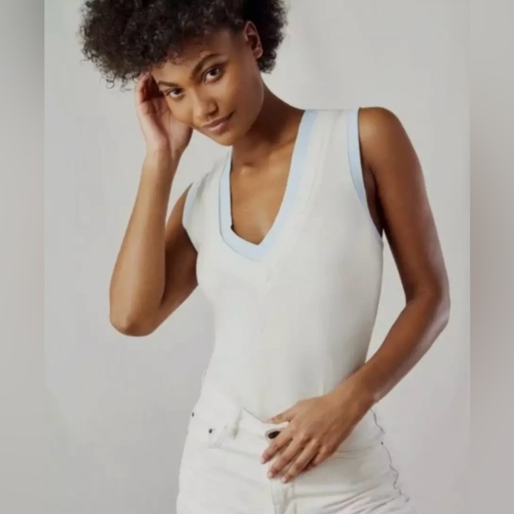 Free People Cozy Cool Girl V-Neck Ivory Blue Tank Top Bodysuit NWT